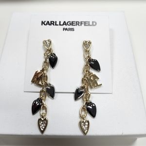 NWT Karl Lagerfeld Tri-Tone Pavé Heart & Logo Linear Drop Earrings